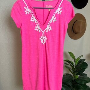 Lilly Pulitzer Pink Brewster T-shirt Dress with White Embroidery XS